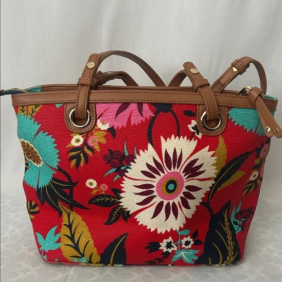 Spartina 449 Vibrant Red Floral Brown Leather Accents/Trim Tote Bag Purse 🌺🌺 - Picture 2 of 14